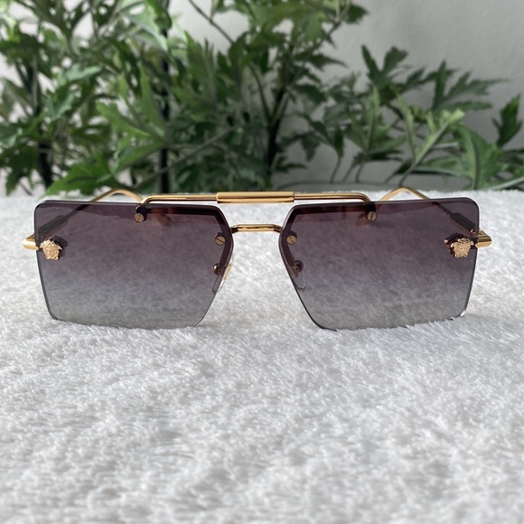 Versace Rectangular Rimless Sunglasses (Gold/Gray) - Picture 2 of 13